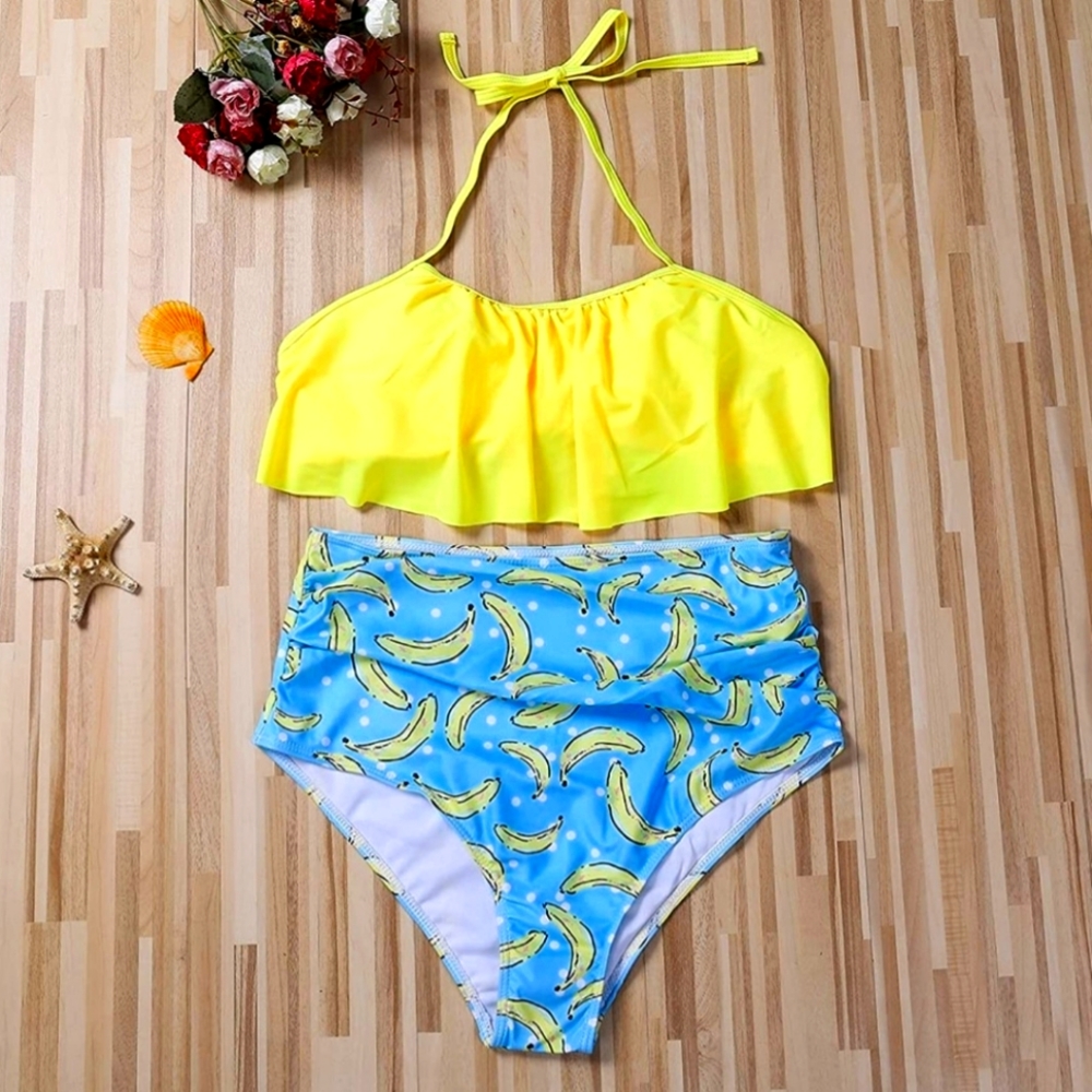 Women Sexy 2Pcs Bikini Set Solid Ruffle Tops and High Waist